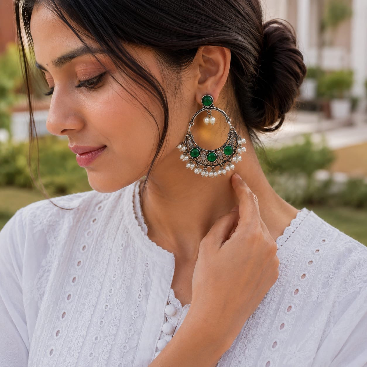 Monalisa stone Statement light-weighted chaandbaali Silver Earrings