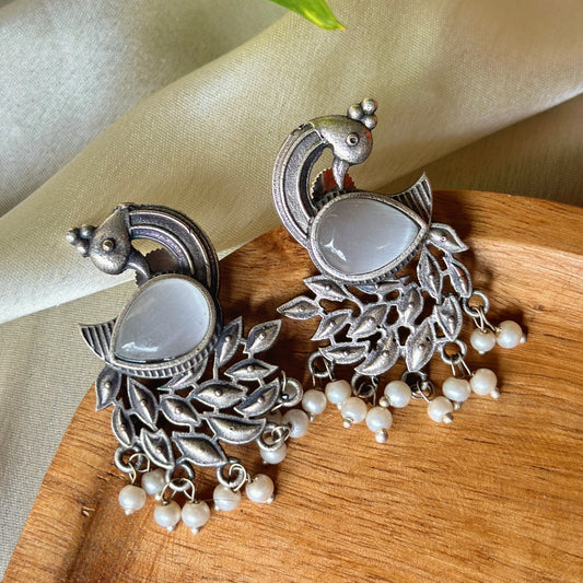 Peacock Monalisa Stone Silver Earrings