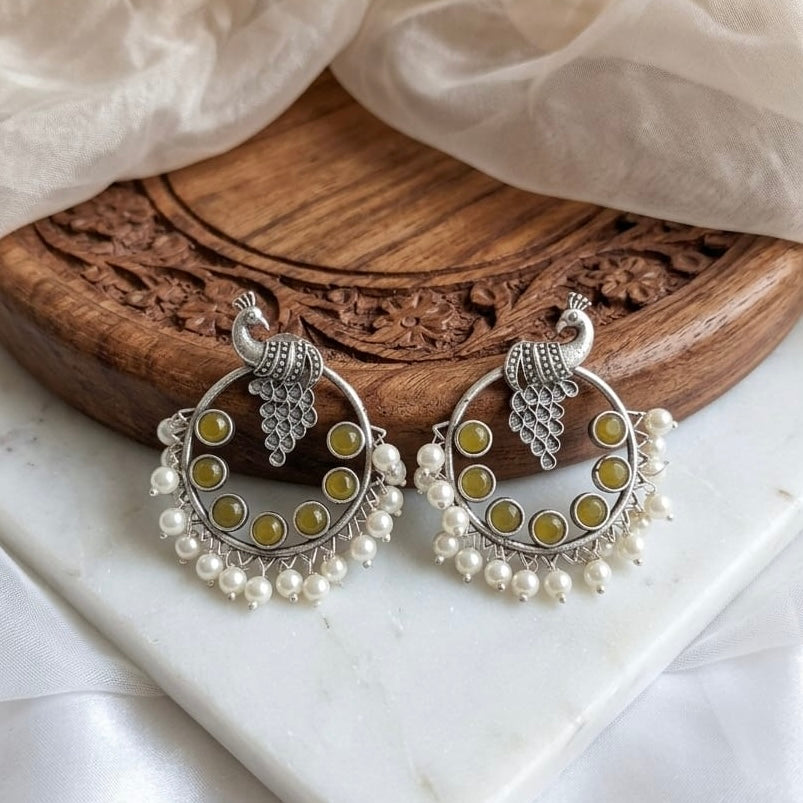 Peacock round stone Statement light-weighted Silver Earrings