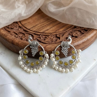 Peacock round stone Statement light-weighted Silver Earrings