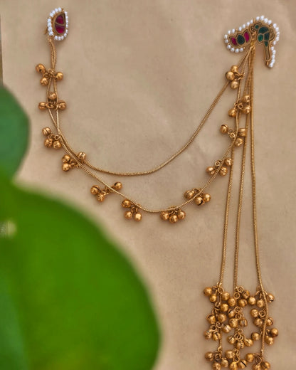 Kashmiri Jhumka with Earchain | Golden Ghungru tassel Jhumka Earringi