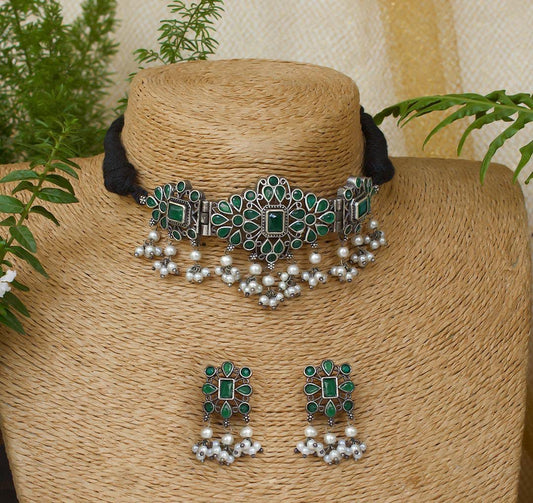 Yasmin Choker Necklace Set | German Silver Jewelry Set oxidised German silver Jewelry Sets saree kurta Bloom - By Sushmita India Navratri Diwali Ganpati holi Eid