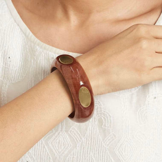 Wooden Statement kada / bracelet with Golden oval dots