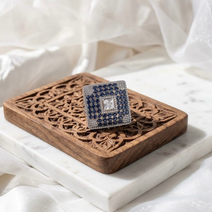 Rhodium Plated Zirconia Studded American diamond adjustable Ring| Hand Jewelry oxidised German silver Rings saree kurta Bloom - By Sushmita India Navratri Diwali Ganpati holi Eid