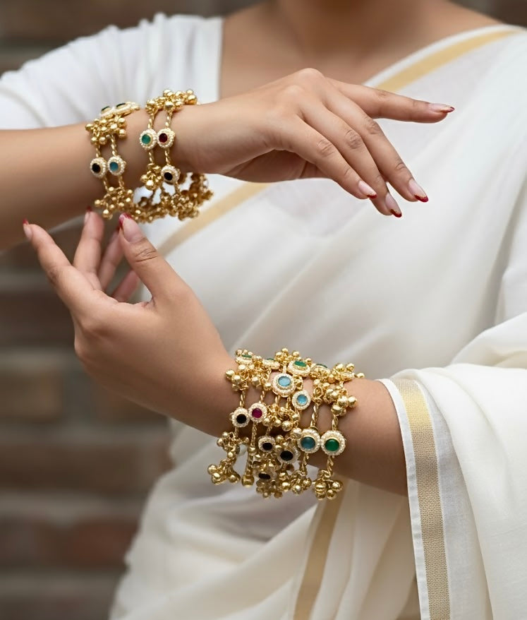 Gold plated ghungroo Bangles / kada with multicolor stones (openable)