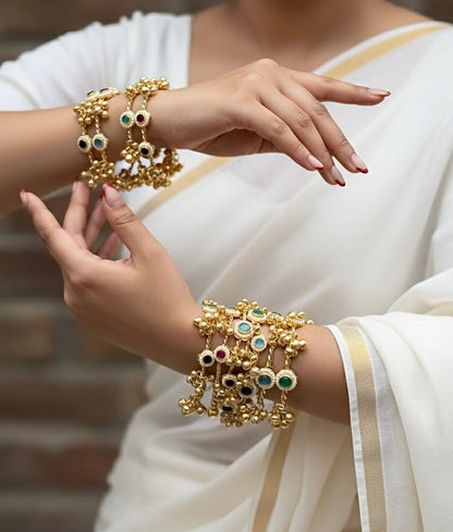Gold plated ghungroo Bangles / kada with multicolor stones (openable)