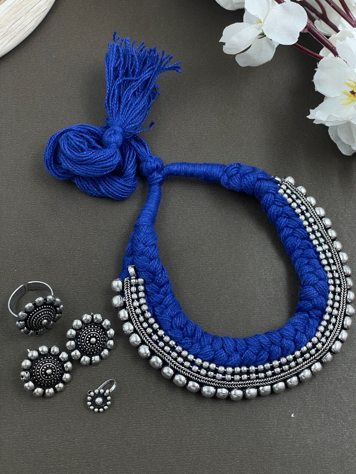 Threaded Choker Necklace Jewellery Combo oxidised German silver saree kurta Bloom - By Sushmita India Navratri Diwali Ganpati holi Eid