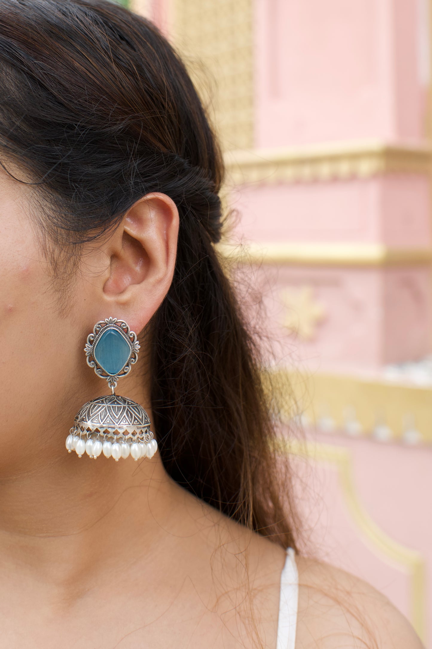 Noor | Monalisa Stone silver Jhumka with white pears