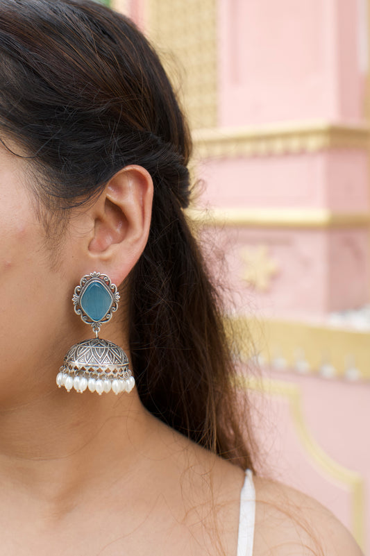 Noor | Monalisa Stone silver Jhumka with white pears