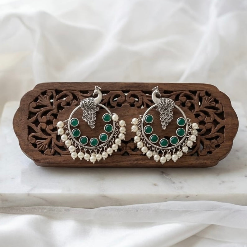 Peacock round stone Statement light-weighted Silver Earrings
