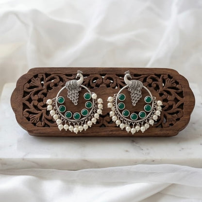 Peacock round stone Statement light-weighted Silver Earrings