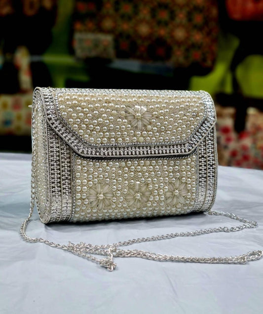 White pearl moti studded Silver purse - Bloom - By Sushmita