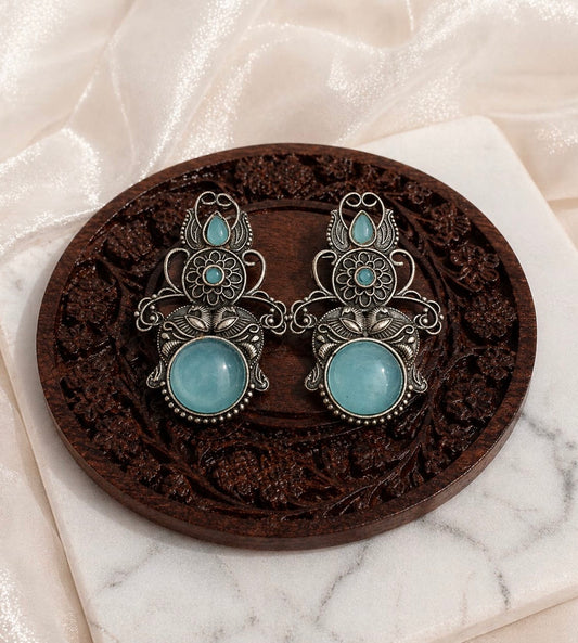 Monalisa stone Statement light-weighted Silver Earrings oxidised German silver Earrings saree kurta Bloom - By Sushmita India Navratri Diwali Ganpati holi Eid