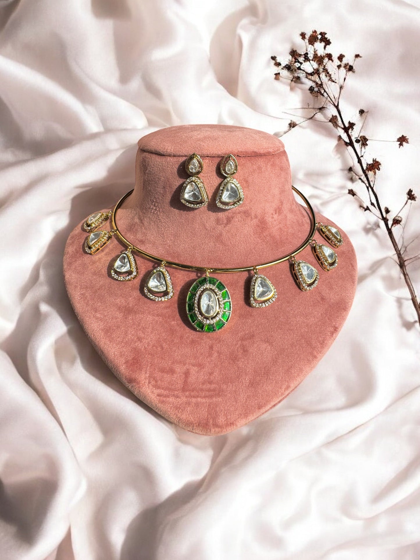 Handcrafted Moissanite Polki Hasli- heritage 18k gold plated kundan necklace set