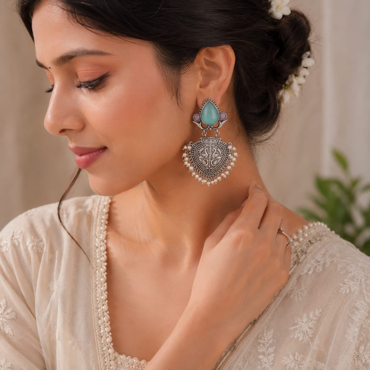 Monalisa stone Statement light-weighted  Silver Earrings