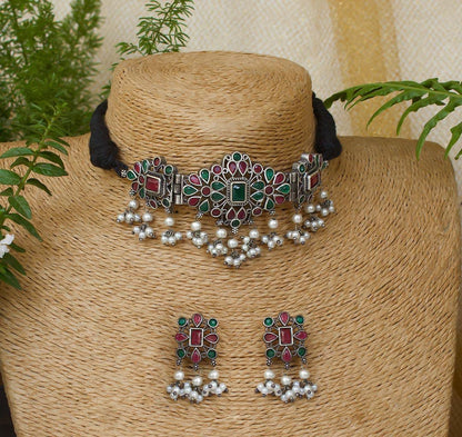 Yasmin Choker Necklace Set | German Silver Jewelry Set oxidised German silver Jewelry Sets saree kurta Bloom - By Sushmita India Navratri Diwali Ganpati holi Eid