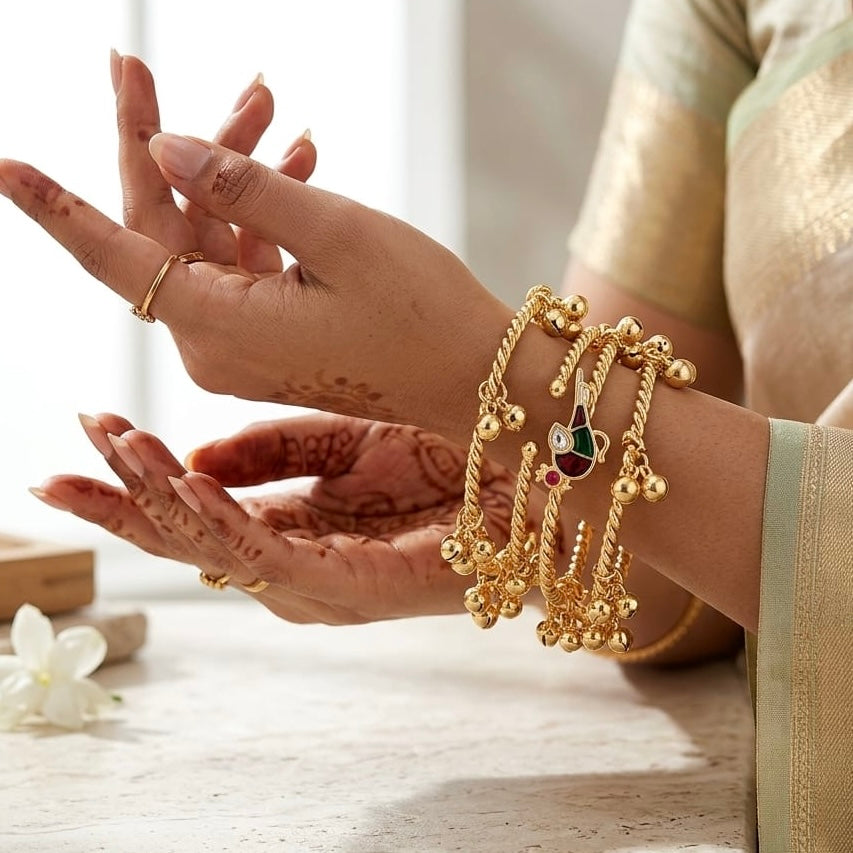 Gold plated kashmiri ghungroo Bangles / kada with multicolor stones (openable)