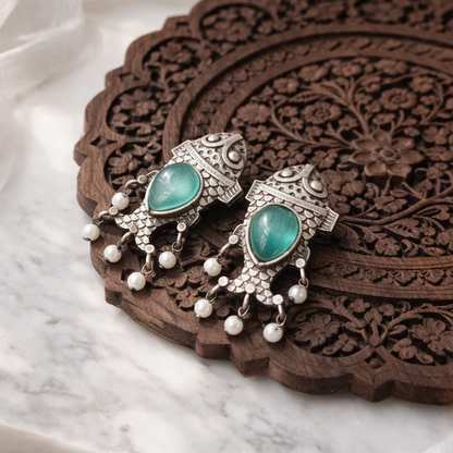Monalisa stone Statement light-weighted  Fish Design Silver Earrings