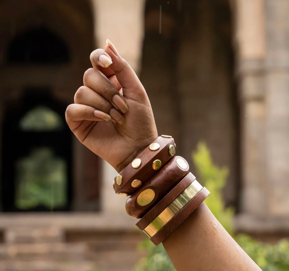 Wooden Bracelet Stack / kada 3- piece Set oxidised German silver Bracelets saree kurta Bloom - By Sushmita India Navratri Diwali Ganpati holi Eid