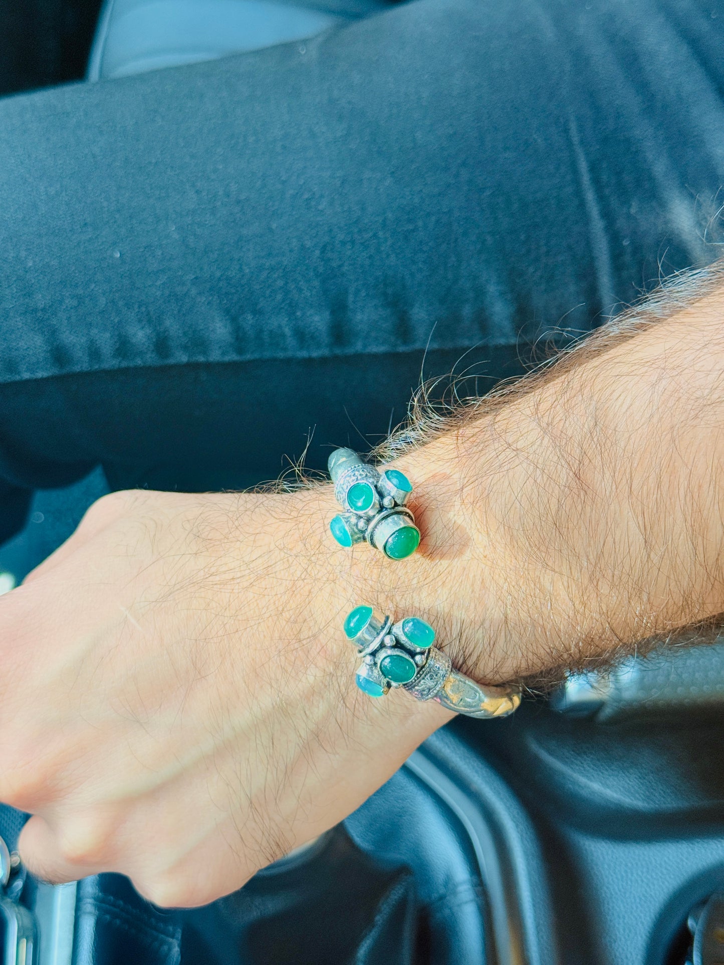 German Oxidised Silver Tribal Kada with Stone Antique Design Indian Kada Bangle Bracelet for Men & Women