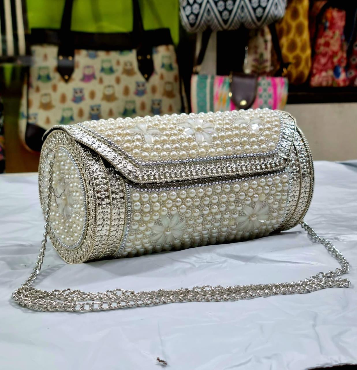 White pearl moti studded Silver purse