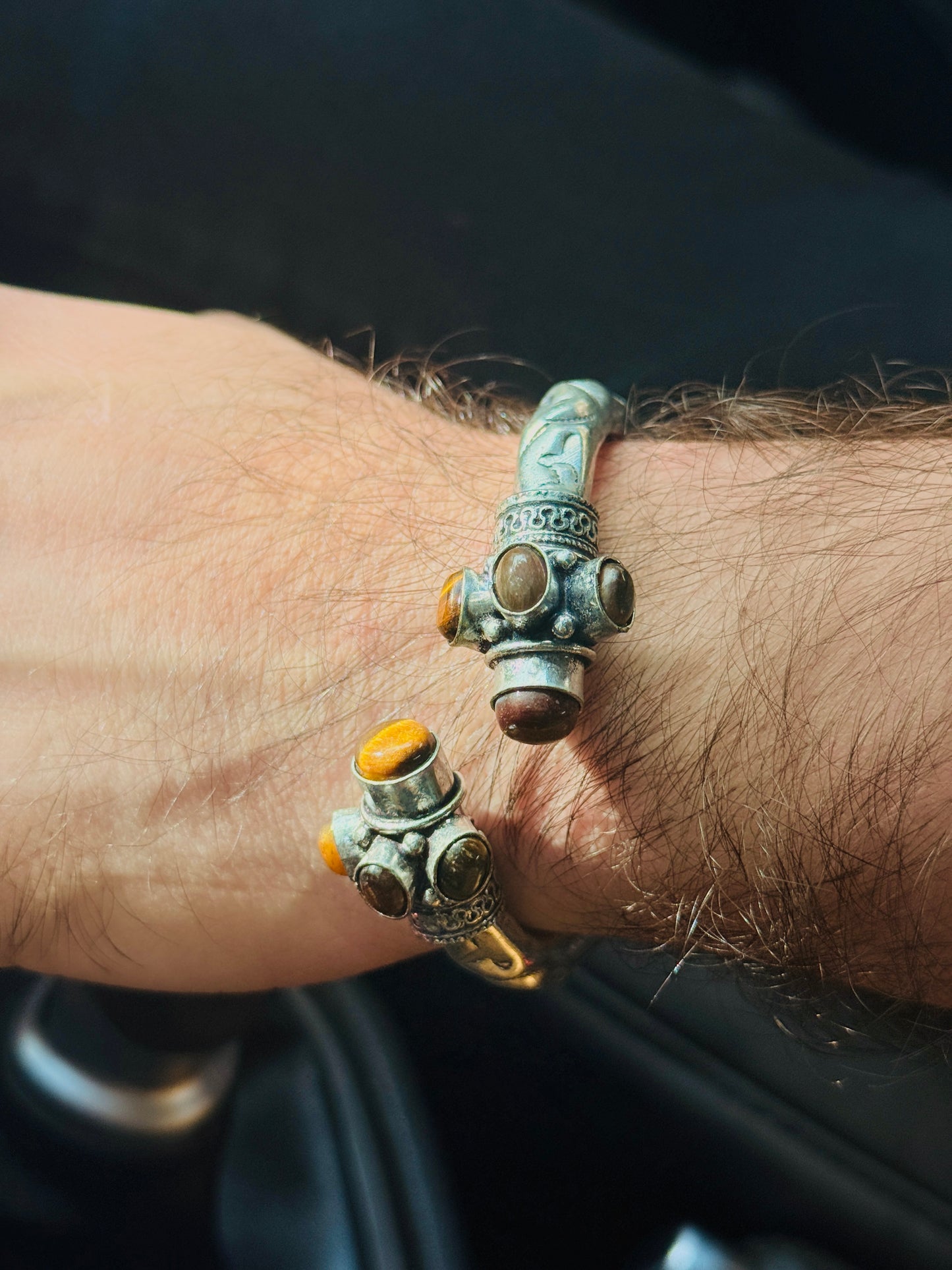 German Oxidised Silver Tribal Kada with Stone Antique Design Indian Kada Bangle Bracelet for Men & Women