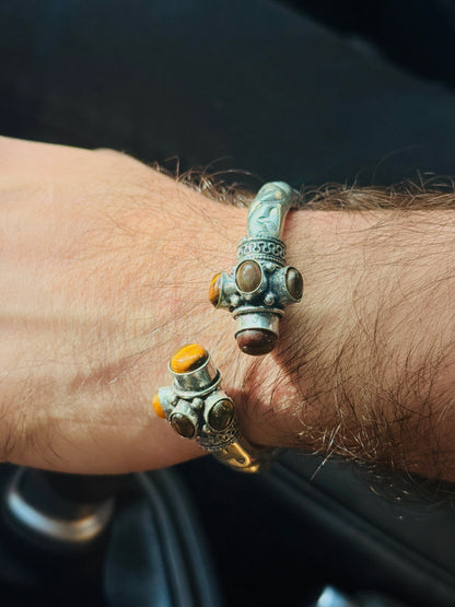 German Oxidised Silver Tribal Kada with Stone Antique Design Indian Kada Bangle Bracelet for Men & Women