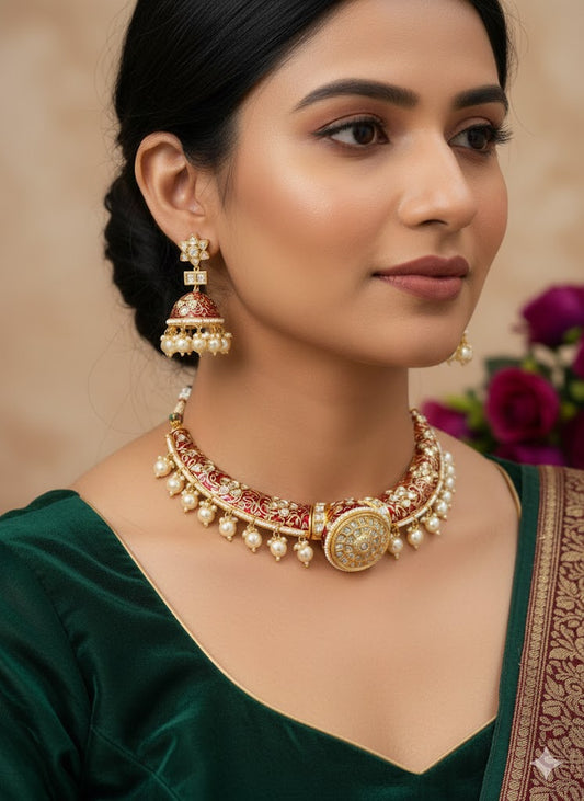 Rajwada - heritage 18k gold plated kundan necklace set with meenakari work