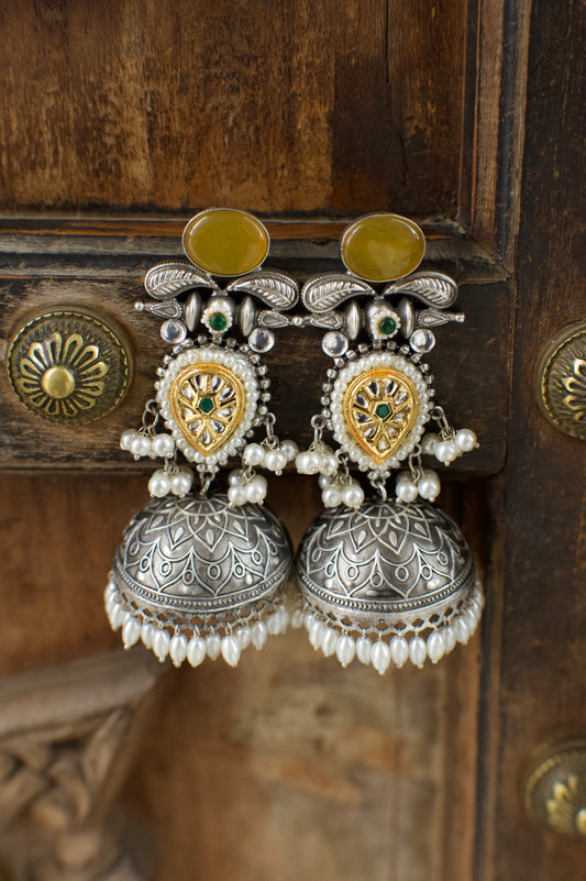 PATRIKA | Monalisa Stone silver Jhumka with white pears