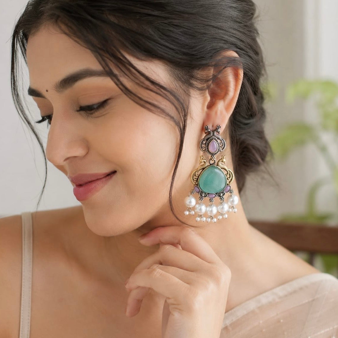 Monalisa stone Statement light-weighted  Silver Earrings