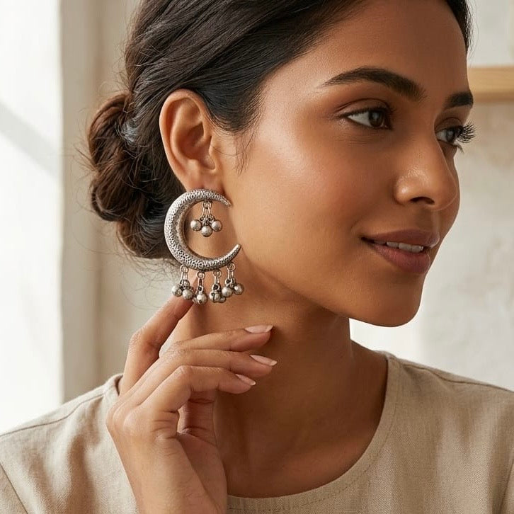 Chaand Earrings with ghungru | German Silver Earrings (Copy)