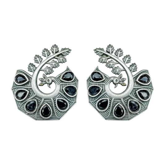 Peacock black Stone Silver Stud Earrings