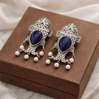 Monalisa stone Statement light-weighted  Fish Design Silver Earrings