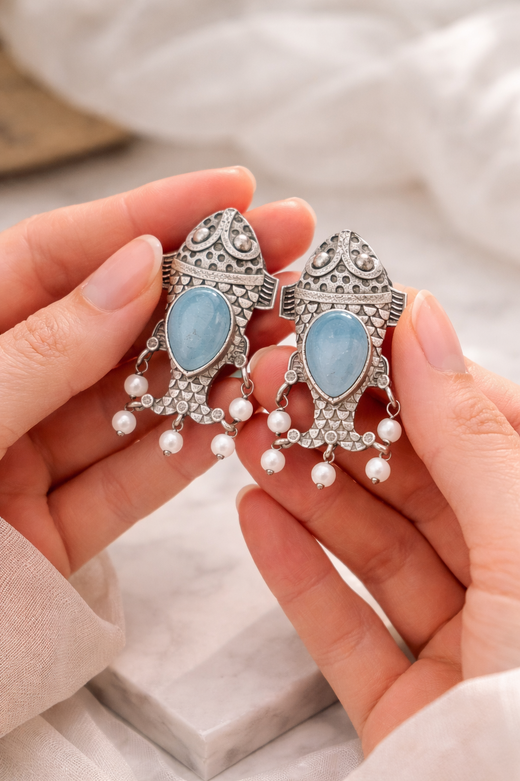 Monalisa stone Statement light-weighted  Fish Design Silver Earrings