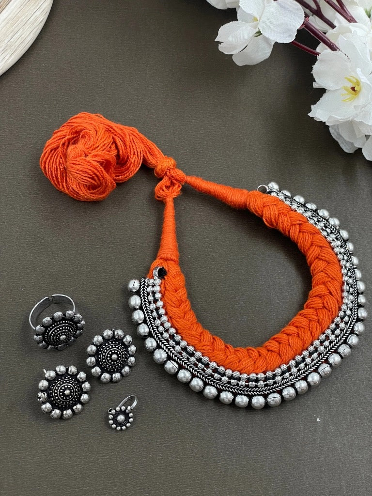 Threaded Choker Necklace Jewellery Combo oxidised German silver saree kurta Bloom - By Sushmita India Navratri Diwali Ganpati holi Eid