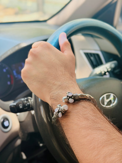 German Oxidised Silver Tribal Kada with Stone Antique Design Indian Kada Bangle Bracelet for Men & Women