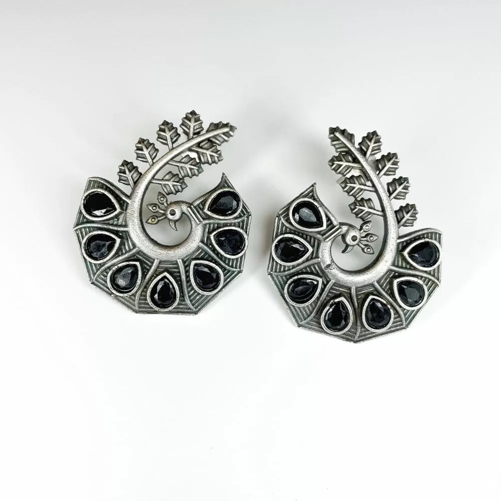 Peacock black Stone Silver Stud Earrings