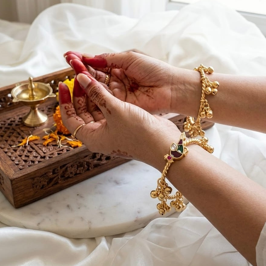 Gold plated kashmiri ghungroo Bangles / kada with multicolor stones (openable)