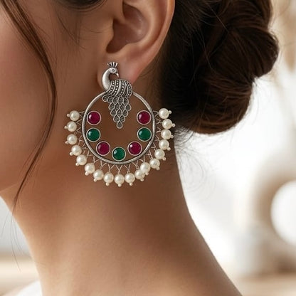 Peacock round stone Statement light-weighted Silver Earrings