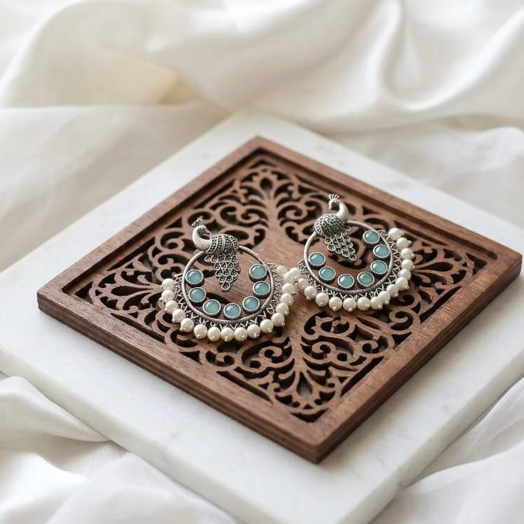 Peacock round stone Statement light-weighted Silver Earrings