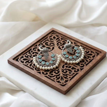 Peacock round stone Statement light-weighted Silver Earrings
