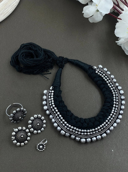 Threaded Choker Necklace Jewellery Combo oxidised German silver saree kurta Bloom - By Sushmita India Navratri Diwali Ganpati holi Eid