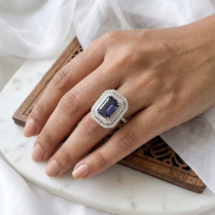 Rhodium Plated Zirconia Studded American diamond adjustable Ring| Hand Jewelry oxidised German silver Rings saree kurta Bloom - By Sushmita India Navratri Diwali Ganpati holi Eid