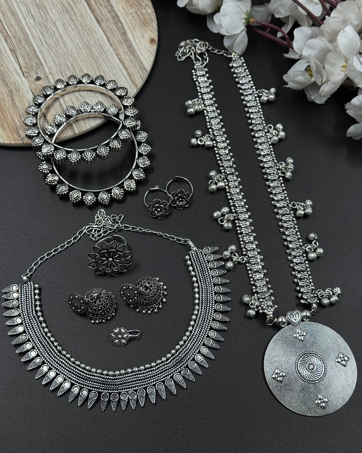 7-Piece German Silver Jewellery Gift Combo Set | Necklace, Jhumka, Bangles & More | Bloom By Sushmita