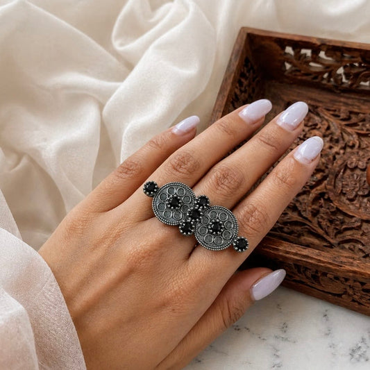 Statement Adjustable Ring oxidised German silver Rings saree kurta Bloom - By Sushmita India Navratri Diwali Ganpati holi Eid