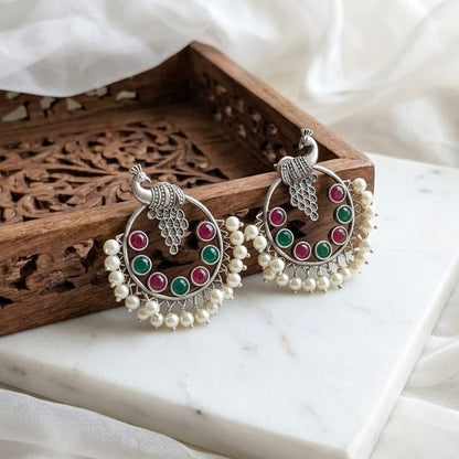 Peacock round stone Statement light-weighted Silver Earrings
