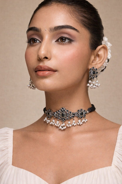 Yasmin Choker Necklace Set | German Silver Jewelry Set oxidised German silver Jewelry Sets saree kurta Bloom - By Sushmita India Navratri Diwali Ganpati holi Eid