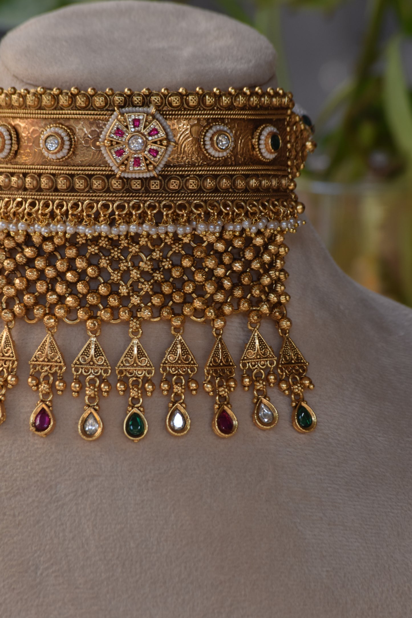 Handcrafted rajwadi choker Necklace- heritage 18k gold plated temple necklace set