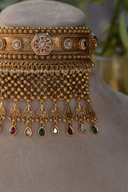 Handcrafted rajwadi choker Necklace- heritage 18k gold plated temple necklace set