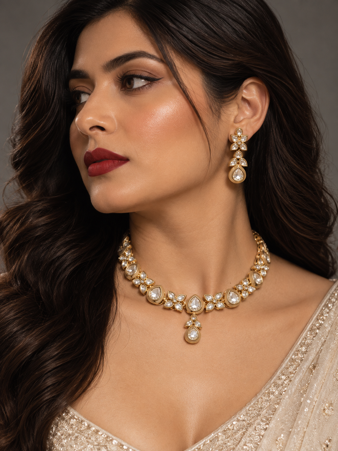 Premium  kundan and polki Necklace Set with Earrings
